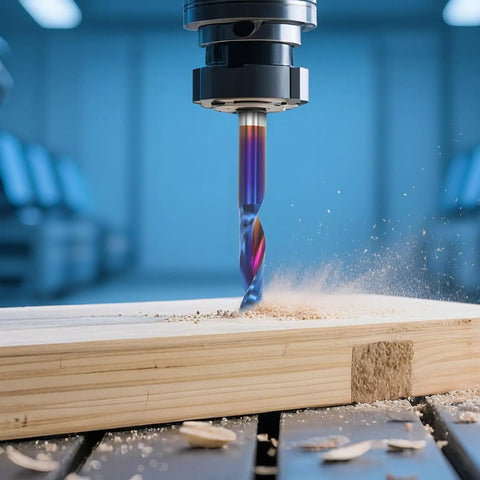 CNC Router Bits 10 Pack Single End Mill Set Tungsten Steel Milling Cutter engraving wood, showing high-speed carving in progress.