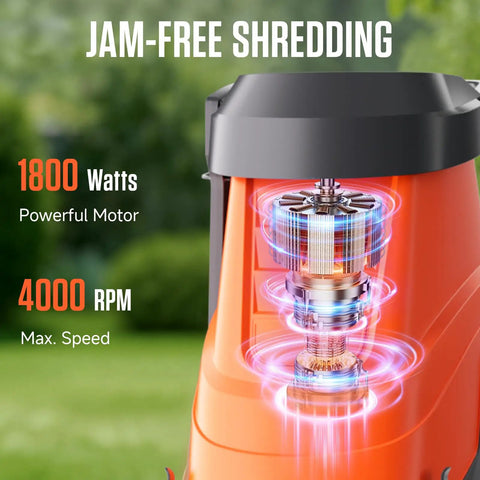 Electric Wood Chipper Shredder With 15 Amp Beast Power showing 1800W motor and 4000 RPM speed.