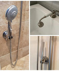 Collage of a bathroom with a No Drill Suction Cup Shower Head Holder With Adhesive Discs on tile and bathtub wall.