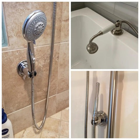 Collage of a bathroom with a No Drill Suction Cup Shower Head Holder With Adhesive Discs on tile and bathtub wall.