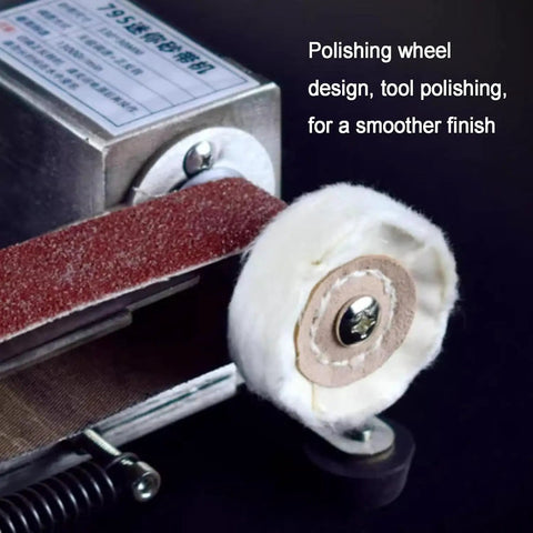 Polishing wheel and sanding belt on the Badass Electric Knife Sharpener And Wet Bench Sander for smooth tool finishing.