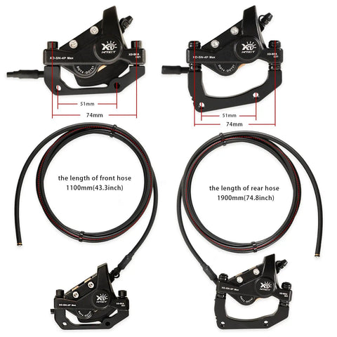 Heavy Duty 4 Piston Hydraulic Brakes For Electric Bike, calipers with hoses, 2 Pin Connector, 180mm Thickened Rotor, front and rear view