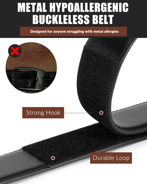 Close-up of Buckleless Leather Belt For Men With Hook And Loop Closure 1.5 Inch Scratch Proof Mechanic Belt showing hook and loop.