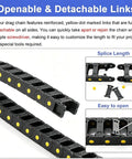 Hella Tough Openable Nylon Cable Drag Chain Slick Flexible Wire Management Carrier For 3D Printers And Cnc Routers showing detachable yellow-dot links.