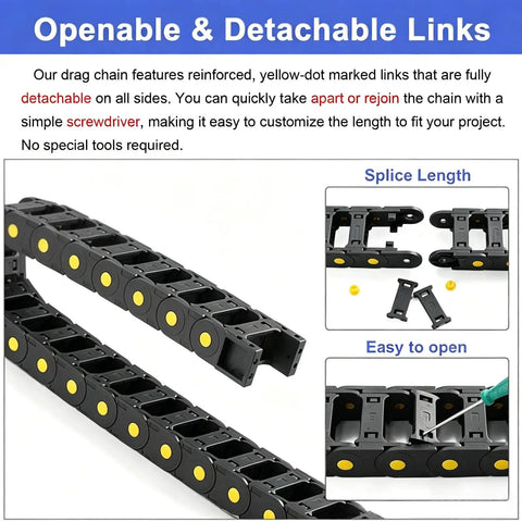 Hella Tough Openable Nylon Cable Drag Chain Slick Flexible Wire Management Carrier For 3D Printers And Cnc Routers showing detachable yellow-dot links.