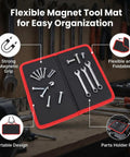 Foldable Magnetic Tool Mat With 40 Lbs Hold, Flexible Parts Organizer For Auto Repair And Electronics, Ultra Strong Magnetic Hold Keeps Screws Wrenches Bolts Secure Even On Tilted Or Vibrating Surfaces; red-trimmed black pad with screws and wrenches
