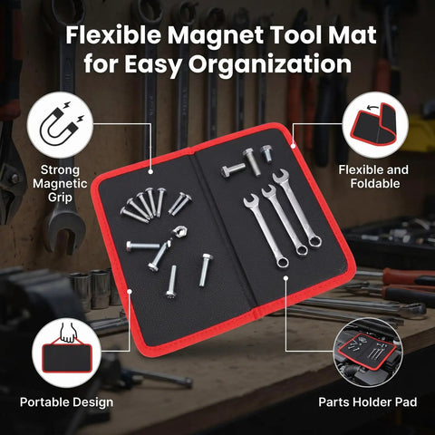 Foldable Magnetic Tool Mat With 40 Lbs Hold, Flexible Parts Organizer For Auto Repair And Electronics, Ultra Strong Magnetic Hold Keeps Screws Wrenches Bolts Secure Even On Tilted Or Vibrating Surfaces; red-trimmed black pad with screws and wrenches