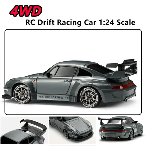 Side view of 1:24 Scale RC Drift Car with 4WD and LED Lights, showcasing drifting tires and rear spoiler.