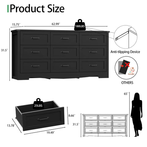 Product size illustration of the Slap Some Order On Your Room With This 63 Inch Wide Nine Drawer Bedroom Dresser Boasting Deep Storage.