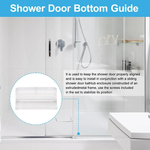 Transparent Sliding Shower Door Bottom Track For 7/16 Inch Glass No Sweat Setup Slick Smooth Glide Plastic Guide Rail Easy Drop In 2 Pack close-up view in bathroom setting.