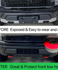 Before and after installation of Tow Hook Cover Set for Ford F150, Fits 2004 to 2025 F150, red durable rubber tow hook caps.