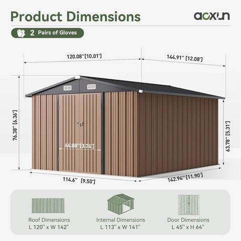 10x12 Foot Outdoor Metal Storage Shed With Double Hinged Door And Lockable Access Sloped Roof Weatherproof