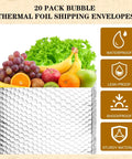 20 Pack 9x11 Inch Thermal Bubble Mailers with Insulated Metallic Foil holding fruits and vegetables, emphasis on waterproof and leak-proof features