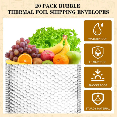 20 Pack 9x11 Inch Thermal Bubble Mailers with Insulated Metallic Foil holding fruits and vegetables, emphasis on waterproof and leak-proof features