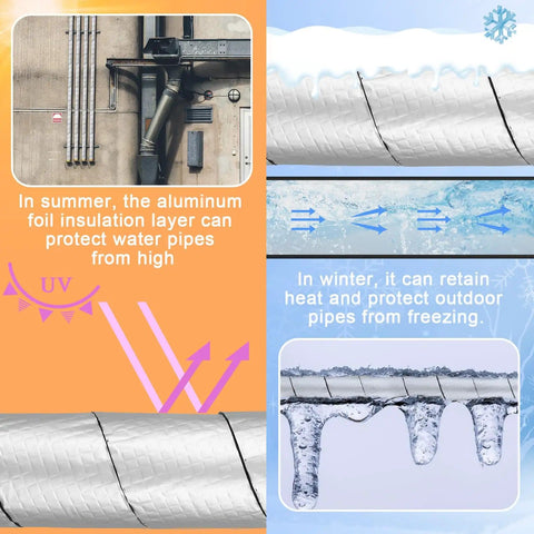 Self Adhesive Pipe Insulation Foam Tube Kit in use, showcasing freeze protection and UV shielding for outdoor pipes.