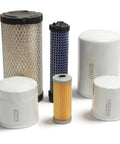 Six Piece Filter Kit For LS Tractor MT125 Includes Oil Filter Fuel Filter Air Filter Hydraulic Filter Hydrostatic Filter And Replacement OE Numbers 11930535150 40358122 40049450 40195621 40220109, showing filters on white background