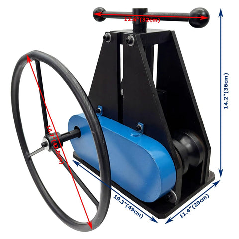 Dinenovate Tr-50 Manual Pipe Bender 1.5 Inch Tubing Roller with large anti-slip handwheel, showing measurements and sturdy design.