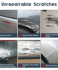 Collage of six images showing unrepairable car scratches, including exposure of primer and black plastic.