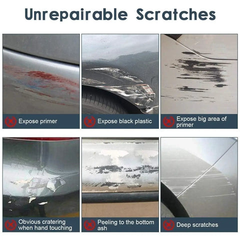 Collage of six images showing unrepairable car scratches, including exposure of primer and black plastic.