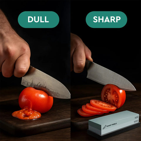 Two Sided Whetstone Knife Sharpening Stone 400/1000 Grit Kit With Flattening Stone shown sharpening knife to slice tomato
