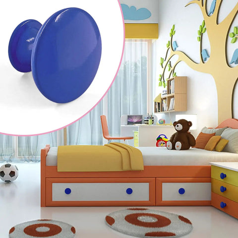 Fresh Royal Blue Metal Round Drawer Knobs 10 Pack for Kids Rooms with glossy finish in a colorful bedroom setting.