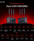 Pyro S Wireless Video Transmitter And Receiver For HDMI And SDI 4K30 1080P60 displayed with antennas and features list