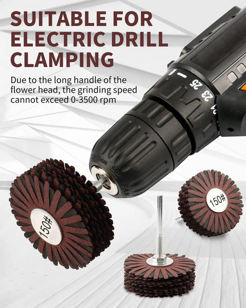 2 Pack 150 Grit Nylon Abrasive Flap Wheel With One Quarter Inch Shank attached to electric drill