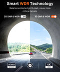 Image showing 4K Dash Cam Front With Night Vision, 140 Degree Wide View and WDR technology in a tunnel, balancing light and dark.