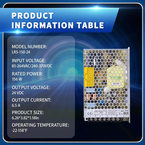 Ultra Slim 150W 24V 6.5A Enclosed Power Supply For 1U Rack Mount Wide 85-264VAC Input With 115/230VAC Select High Efficiency 89 Percent Space Saving Industrial Automation Controller Power Unit, honeycomb metal case