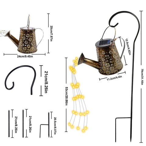 Solar Watering Can Fairy Lights Outdoor Garden Decor Waterproof Lawn Lamp With Star Shower Twinkling LED Lights For Walkway Patio Yard Vibes Bracket Included, dimensions and bracket shown