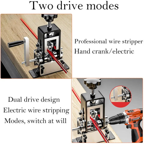 Effortless Manual Wire Stripper for Copper Cables with hand crank and drill drive modes, for 0.06 to 1 inch wires.