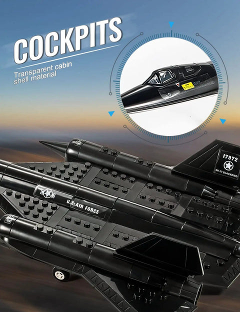 Close-up of cockpit on SR-71 Blackbird Reconnaissance Aircraft Building Block Set For Kids And Adults, Military Brick Model