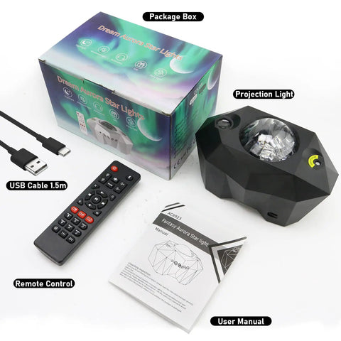 Aurora Projector Night Light With Bluetooth Speaker For Bedroom Vibes, Galaxy Ceiling Light set with remote, USB, and manual displayed.
