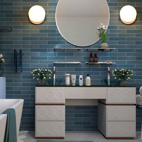 Modern Globe Wall Sconce 1 Light In Brushed Nickel, Diffused Opal Glass Shade on blue tile bathroom wall with round mirror