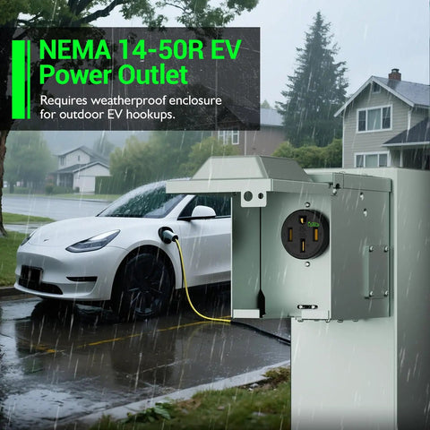 Heavy Duty Nema 14-50 EV Charger Outlet With Waterproof Box Kit 50 Amp installed in rainy weather with electric vehicle.
