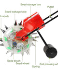 Top view of Walk Behind Seed Planter With Integrated Fertilizer Applicator Six Hole Row Crop Seeder showing components labeled.