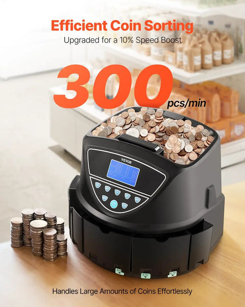 Coin Counter And Sorter With Intuitive Display, Fast 300 Coins Per Minute, 5 Coin Tubes And 5 Trays, Wrapper Ready