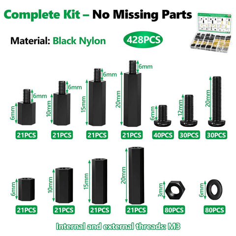 696 Piece M3 Motherboard Standoffs And Spacers Kit With Brass Standoffs And Nylon Spacers For Pro Grade Rigidity And Electrical Insulation Plus Hex Screws And Nuts Set, black nylon, 428pcs