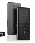 128GB Bluetooth MP3 Player With Built In Speaker All In One Portable Music Player front and back view with 128GB memory card