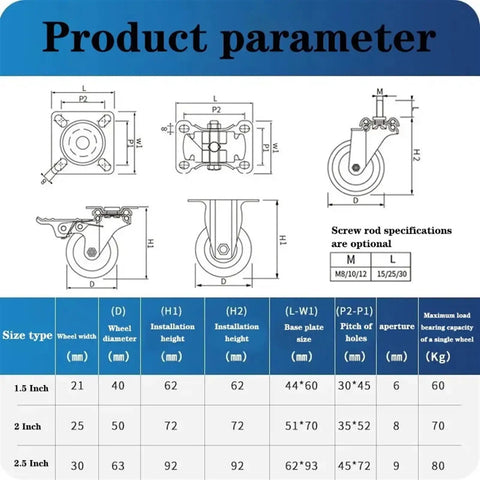 Product parameter image for Grab Four Of These Badass Black Furniture Casters 2.5 Inch Universal Swiveling Rollers Built In Brake features dimensions.