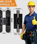 Six Inch Hidden Door Hinges Rock Solid Zinc Alloy Concealed Hardware shown with dimensions and a worker in gloves.