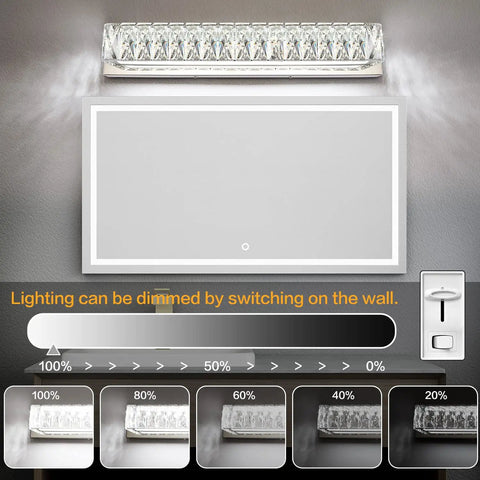Crystal Chrome LED Vanity Light Bar For Bathroom, Dimmable And Flicker-Free 18W over mirror with dimmer switch