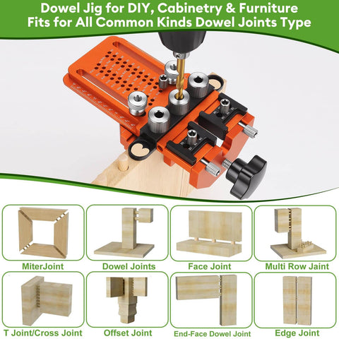 Adjustable Dowel Jig Kit with Quick Positive Stop and Clamp for Precision Woodworking, showing drill bushes and joint types.