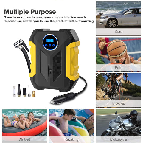 Portable Car Tire Inflator With LED Light No Fuss Auto Shut Off Digital Air Compressor For 12V DC shown with multiple uses