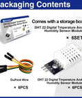 Packaging contents of Six Pack Digital Temperature And Humidity Sensor Modules with DHT22 AM2302 and Dupont wires.