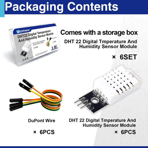 Packaging contents of Six Pack Digital Temperature And Humidity Sensor Modules with DHT22 AM2302 and Dupont wires.