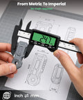 Rechargeable Digital Caliper With USB Charging, 6 Inch Plastic Calipers, Green Screen Display, Go Cordless Fast, No Battery Hassle, Quick 2 Minute Charge Powers A Full 20 Minute Measurement For Months, inch to mm conversion shown