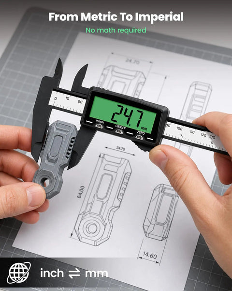 Rechargeable Digital Caliper With USB Charging, 6 Inch Plastic Calipers, Green Screen Display, Go Cordless Fast, No Battery Hassle, Quick 2 Minute Charge Powers A Full 20 Minute Measurement For Months, inch to mm conversion shown