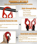 Lifting hook and chain assembly; red hook with black chain for industrial lifting.