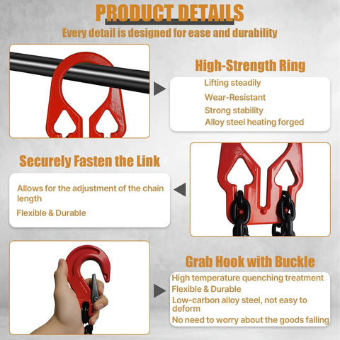 Lifting hook and chain assembly; red hook with black chain for industrial lifting.
